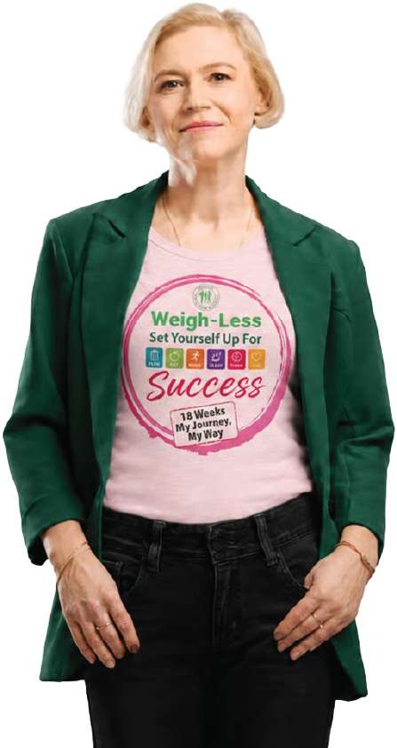 A smiling Weigh-Less member wearing a Weigh-Less "Set Yourself Up For Success" t-shirt